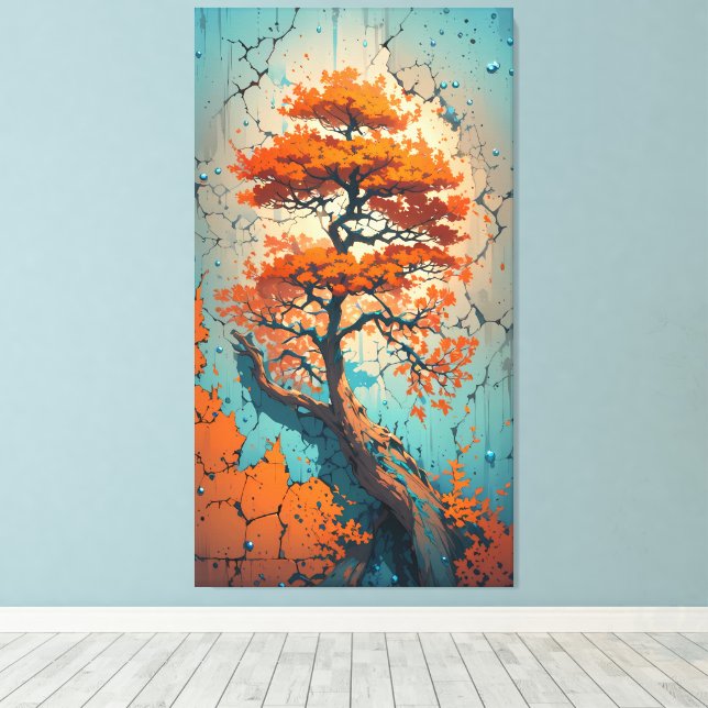 Toile Autumn’s Last Stand: A Fiery Tree in a Cracked  (Insitu (Plancher de Bois))