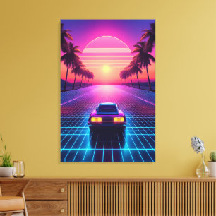 Toile Balade nocturne sous néon : Synthwave Rétro 80s au