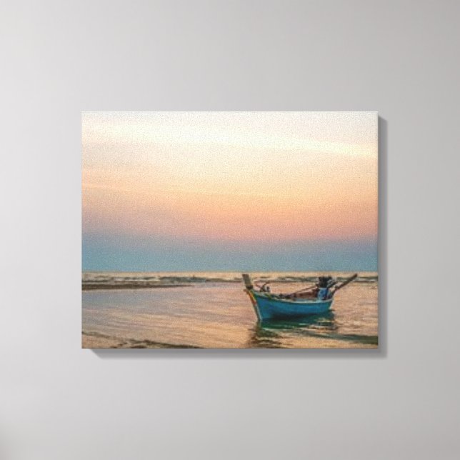 Toile Bateau à marée basse sur la plage au coucher du so (Recto)