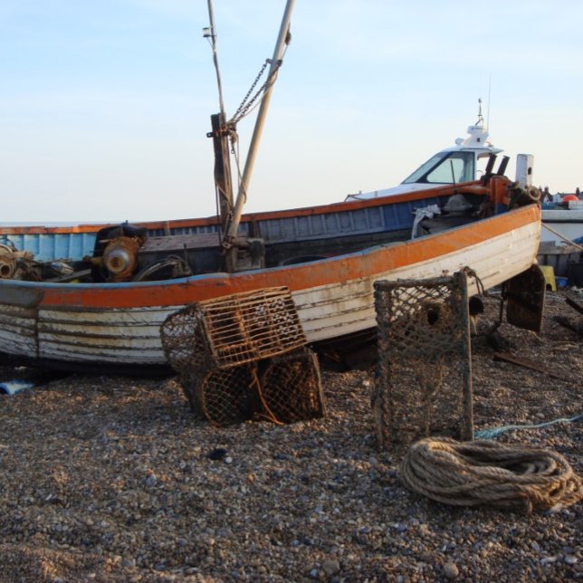 Toile bateau de pêche sur la plage de galets (Créateur téléchargé)