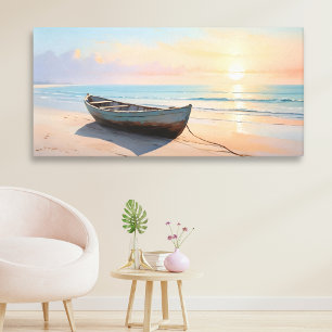 Toile Bateau sur un rivage calme, élégant art de plage c