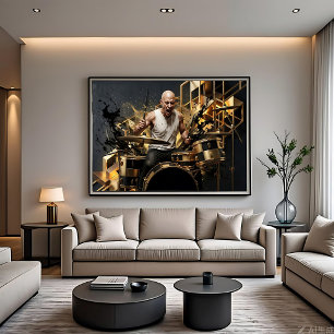 Toile Batteur de Rock Intense Design Musical Or et Noir
