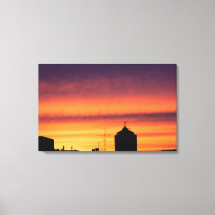 Toile Bauarbeiter im Sonnenaufgang über der Stadt