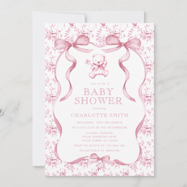Toile Bear Pink Girl Babydusche Einladung (Vorderseite)
