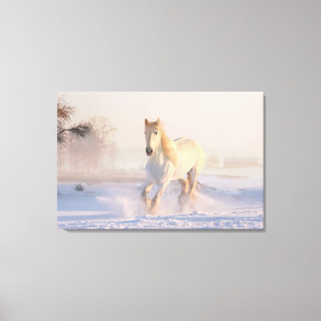 Toile Beau Cheval Blanc Galloping dans la neige (Recto)