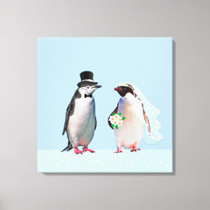 Toile Beau couple de manchots de mariage sur fond bleu c