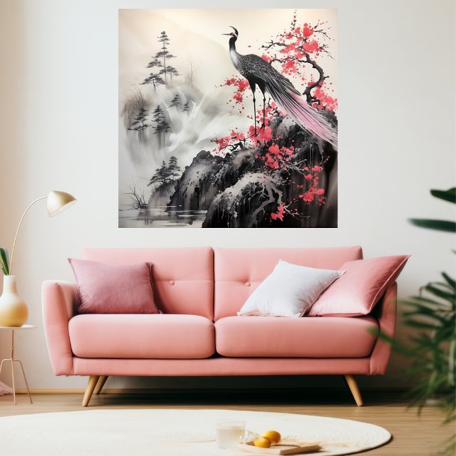 Toile Beau Oiseau rose cerisier fleurs Asiatique Art (Créateur téléchargé)