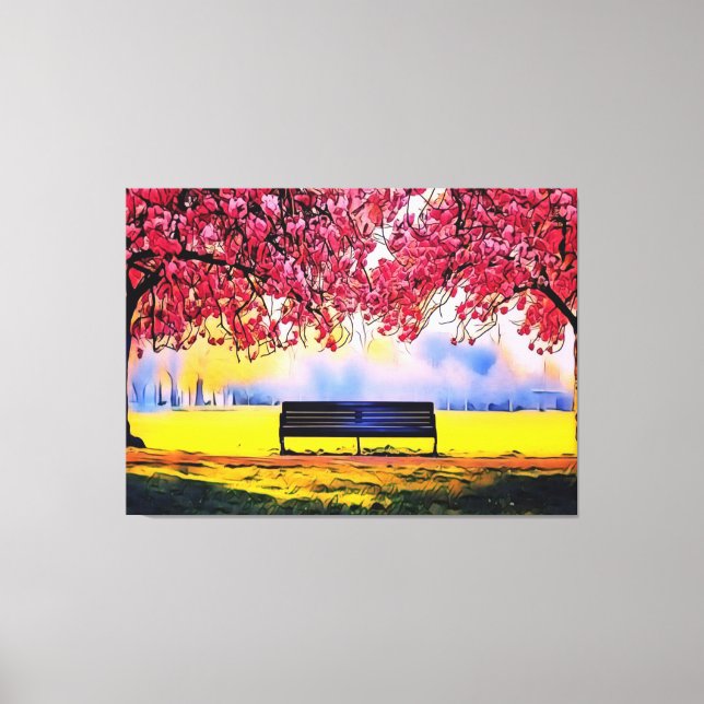 Toile Beau paysage avec cerisiers et banc (Recto)
