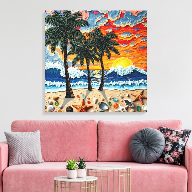 Toile Beautiful Beach Scene with Palm Trees (Insitu(Salon))