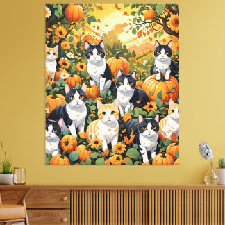 Toile Beaux Chats Et Citrouilles En Automne