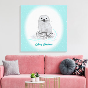 Toile Bébé loutre de mer blanche mignonne, Joyeux Noël
