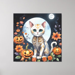 Toile Belle Chat Halloween Lune Florale - Whimsical