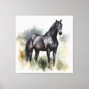 Toile belle étalon noir dans une prairie d'aquarelle