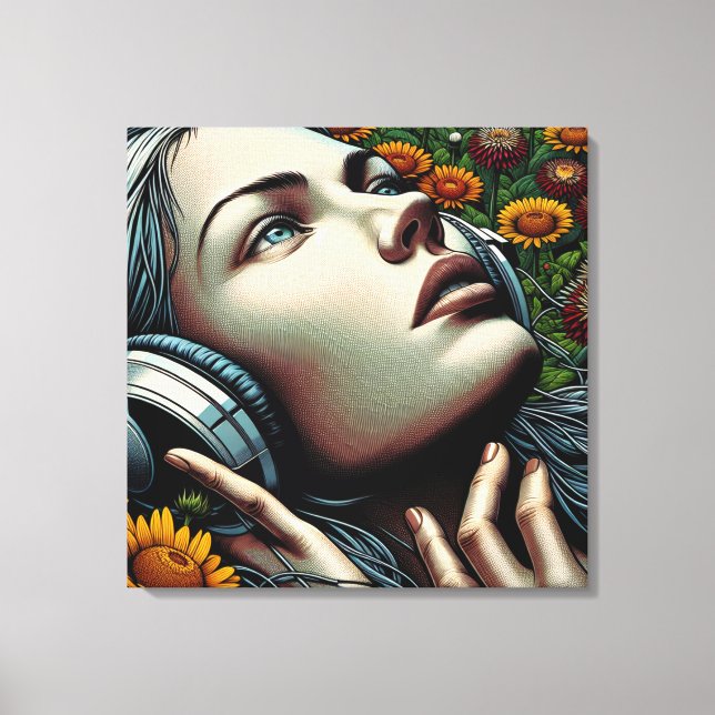 Toile Belle femme avec casque dans les tournesols (Recto)
