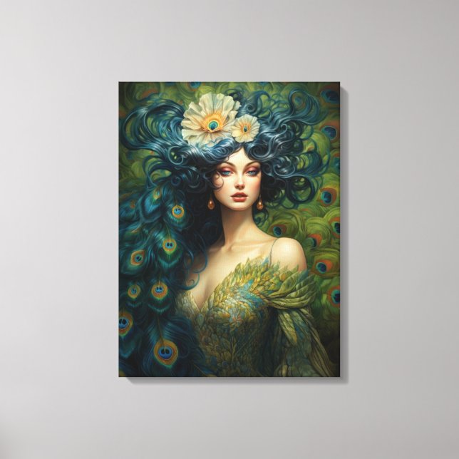 Toile Belle femme entourée de plumes de paon (Recto)
