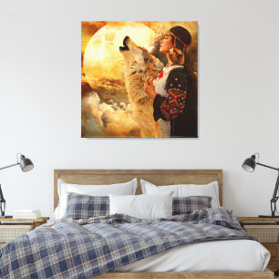 Toile Belle femme indienne Wolf & peinture de Pleine lun