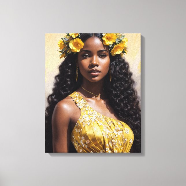 Toile Belle femme noire en Portrait Jaune Art (Recto)