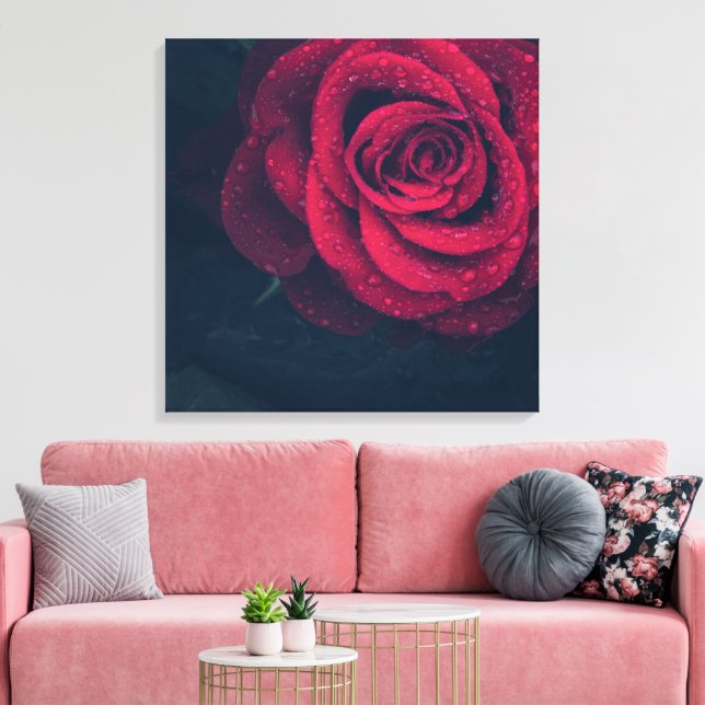 Toile Belle Rose rouge avec gouttes d'eau (Insitu(Salon))
