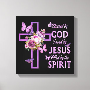 Toile Béni par Dieu sauvé par Jésus Croix Florale pourpr
