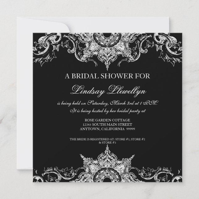 Toile Black n White Damask Brautparty Einladung (Vorderseite)