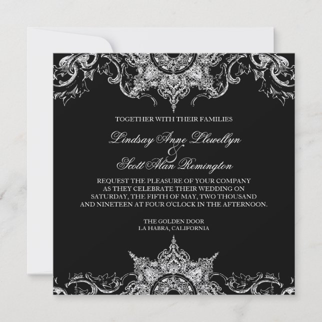 Toile Black n White Damask Swirl Wedding Einladung (Vorderseite)