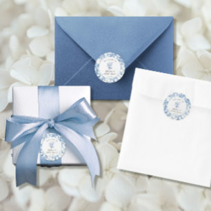 Toile Blau und Weiße Elegante Florale Brautparty Runder Aufkleber