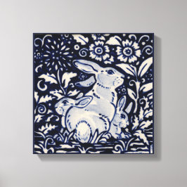 Toile Bleu et blanc Lapin Printemps Floral Baby Art Bunn