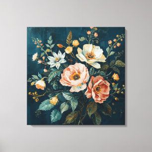 Toile Bleu sarcelle foncé Orange Floral Cottagecore Vint