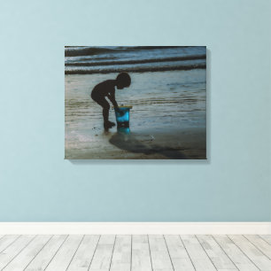 Toile Blue Bucket Silhoutte Beach Children