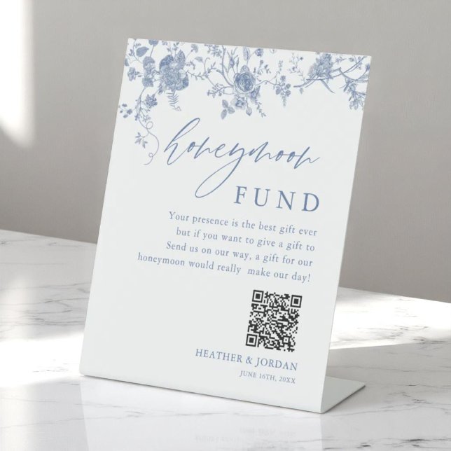 Toile Blue Floral Wedding Honeymoon Fund Sockelschild (Von Creator hochgeladen)