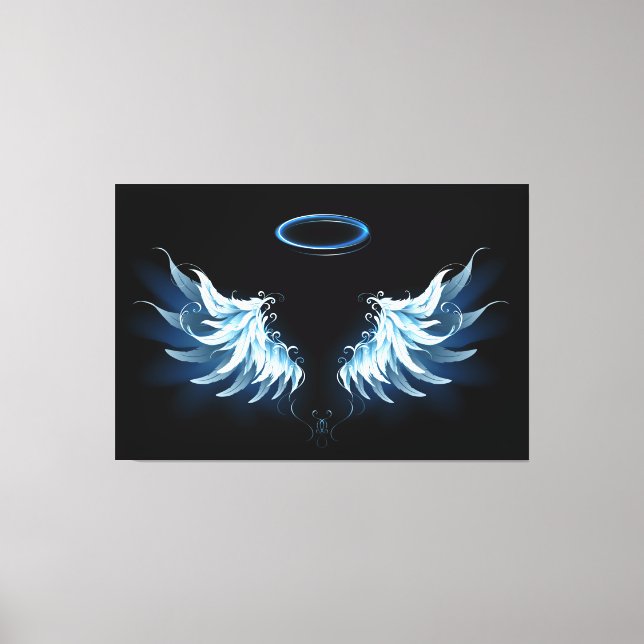 Toile Blue Glowing Angel Wings on black background (Recto)