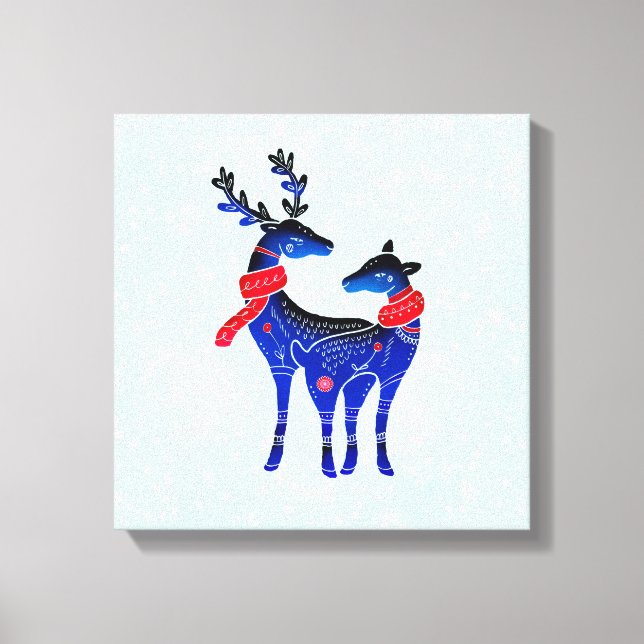 Toile Blue Nordic Christmas Reindeer Pair (Recto)