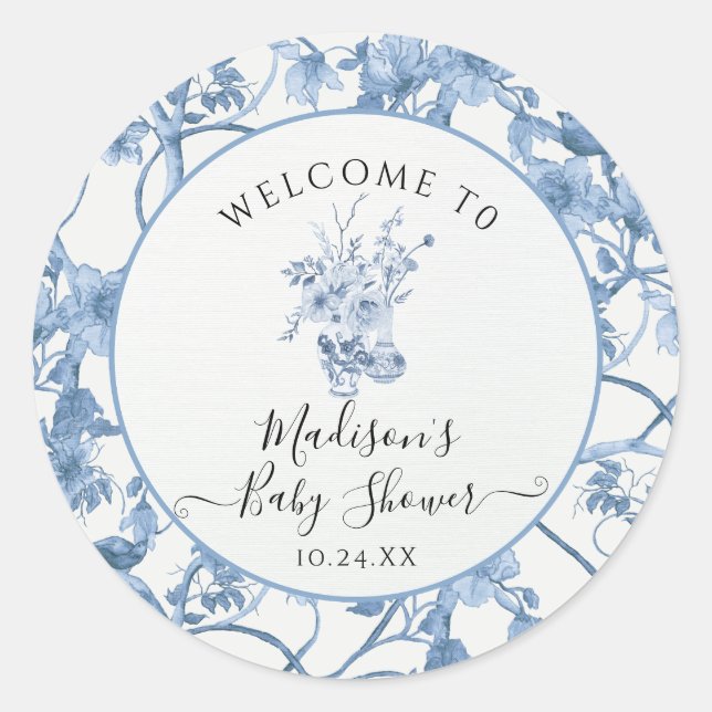 Toile Blumenblau und Weiß Elegante Babydusche Runder Aufkleber (Vorderseite)