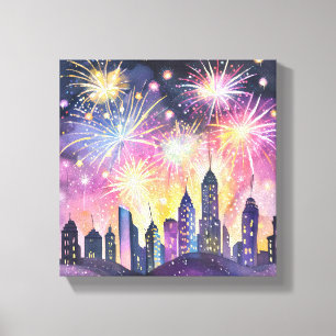 Toile Bonne année   Aquarelle de nuit de la ville Firewo