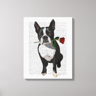 Toile Boston Terrier avec Rose dans la bouche