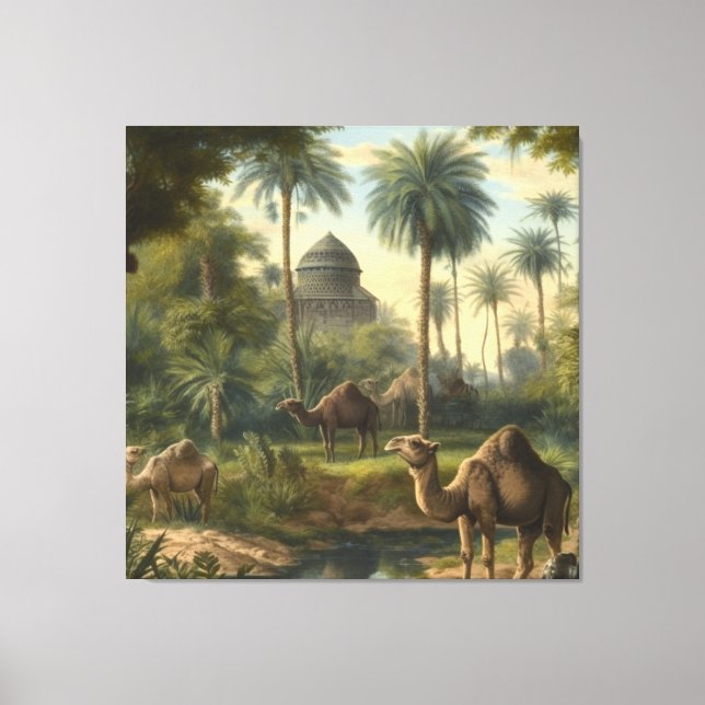 Toile Botanique : dromadaires dans la jungle près d'une  (Recto)