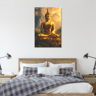 Toile Bouddha assis doré sous un ciel de coucher de sole