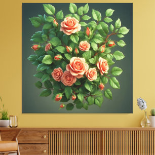 Toile Bouquet de roses pêche avec verdure