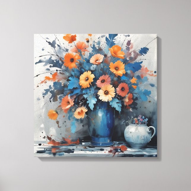 Toile Bouquet floral d'aquarelle vive dans le Vase bleu (Recto)