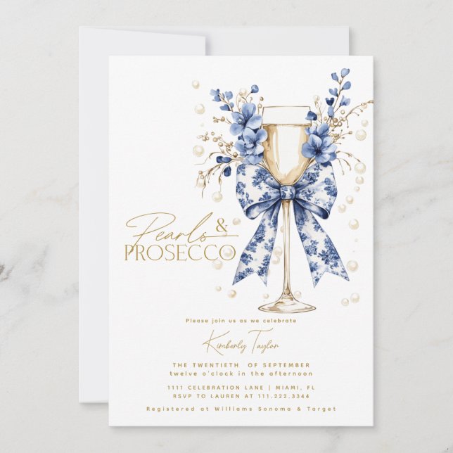 Toile Bow Floral Pearls & Prosecco Brautparty Einladung (Vorderseite)