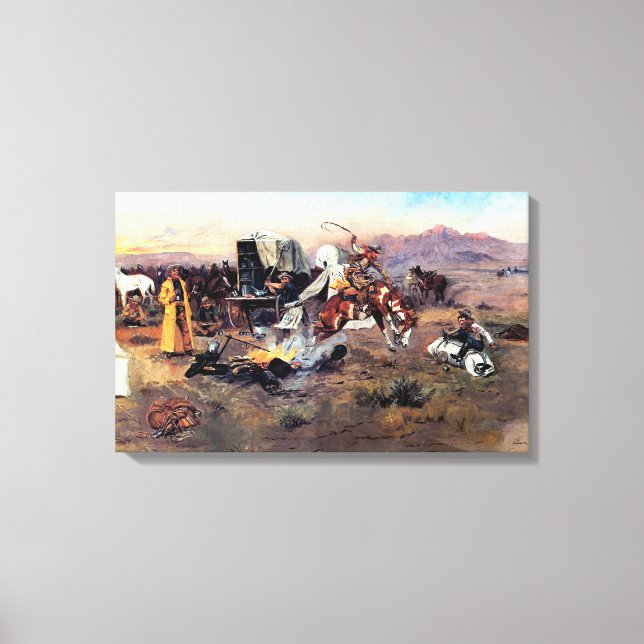 Toile Bronc dans le camp de vache par Charles M. Russell (Recto)