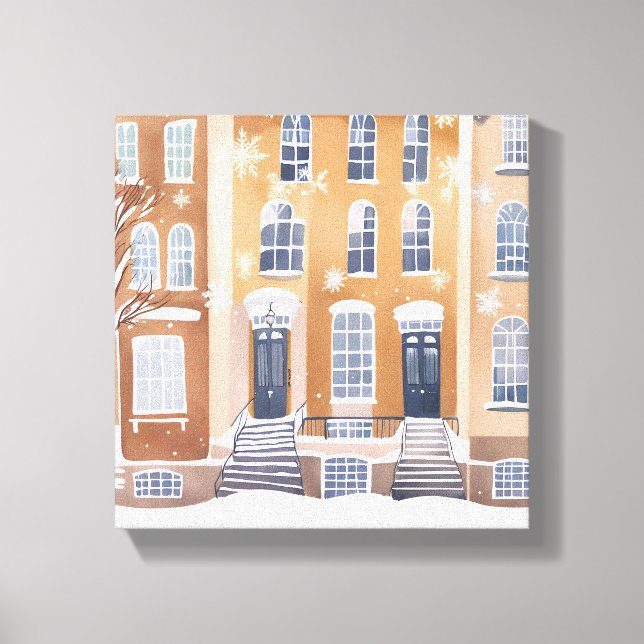 Toile Brownstone Homes | Aquarelle de la rue Snowy City (Recto)