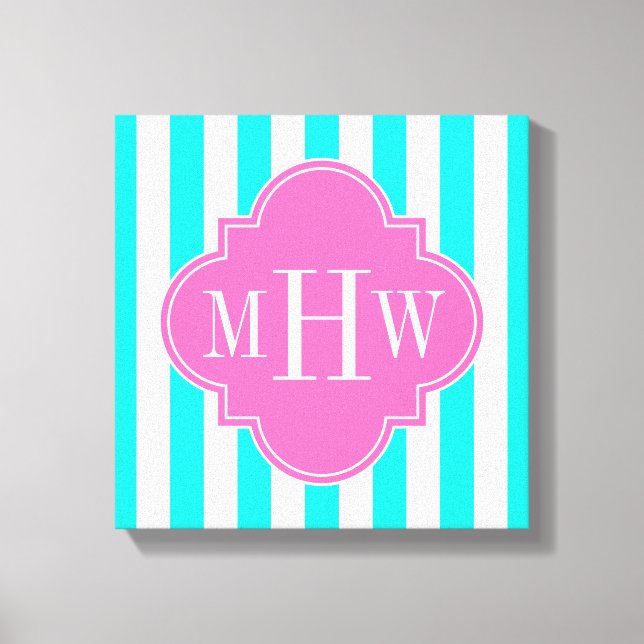 Toile Brt Aqua Wt Stripe HotPink#2 Quatrefoil 3 Monogram (Recto)