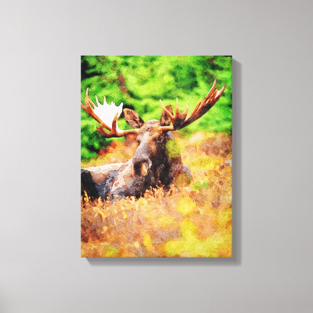 Toile Bull Moose Pose En Aquarelle Peinture Faune (Recto)
