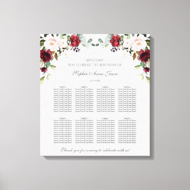 Toile Burgundy Blush Floral Anniversaire Carte de siège (Recto)