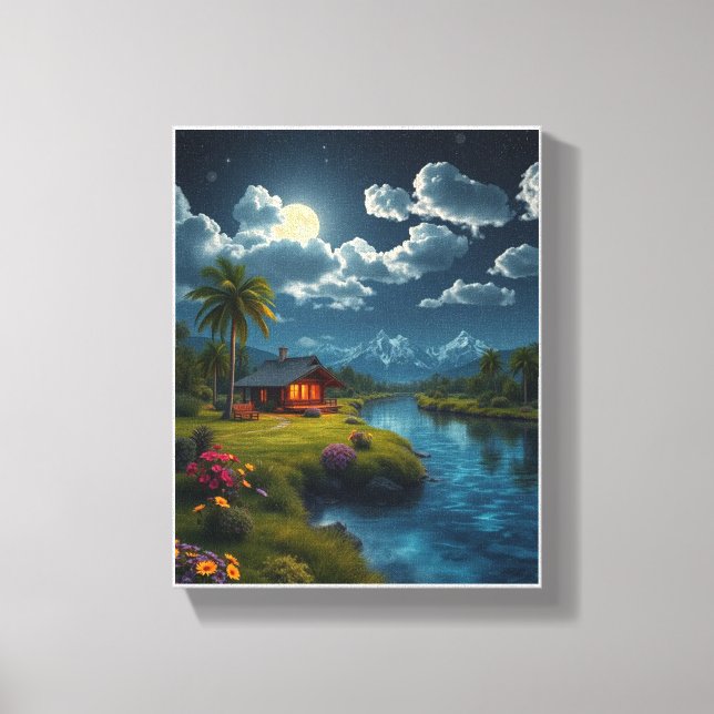 Toile Cabine Lune près de la rivière - Nature Wall Art (Recto)