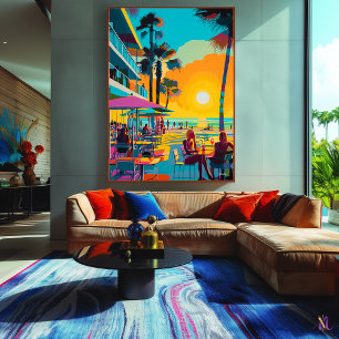 Toile Café de plage Pop Art au coucher du soleil