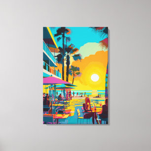 Toile Café Pop Art en bord de mer au coucher du soleil