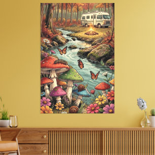 Toile Camper Rétro, Champignons, Ruisseau et Fleurs