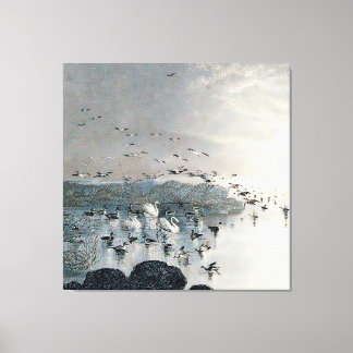 Toile Canards, colverts et cygnes sur le lac au coucher